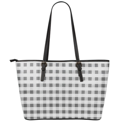 Dark Grey And White Gingham Print Leather Tote Bag