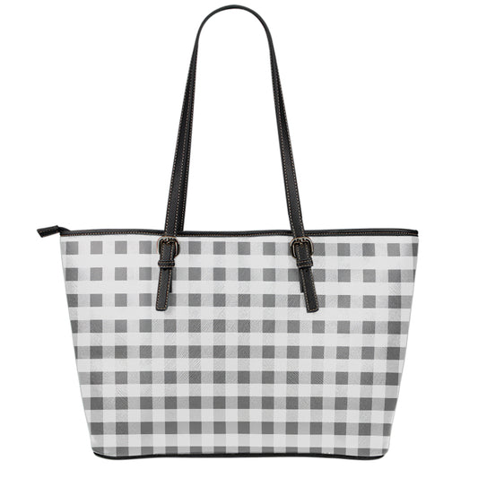 Dark Grey And White Gingham Print Leather Tote Bag