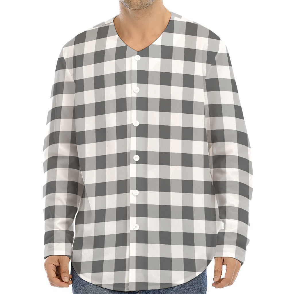 Dark Grey And White Gingham Print Long Sleeve Baseball Jersey
