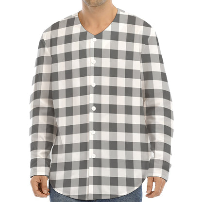 Dark Grey And White Gingham Print Long Sleeve Baseball Jersey