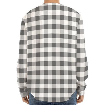 Dark Grey And White Gingham Print Long Sleeve Baseball Jersey