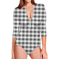 Dark Grey And White Gingham Print Long Sleeve Swimsuit