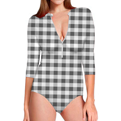 Dark Grey And White Gingham Print Long Sleeve Swimsuit