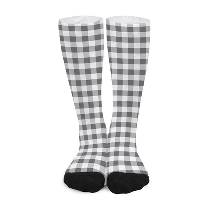 Dark Grey And White Gingham Print Long Socks