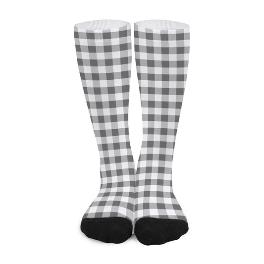 Dark Grey And White Gingham Print Long Socks