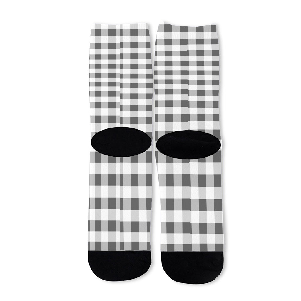 Dark Grey And White Gingham Print Long Socks