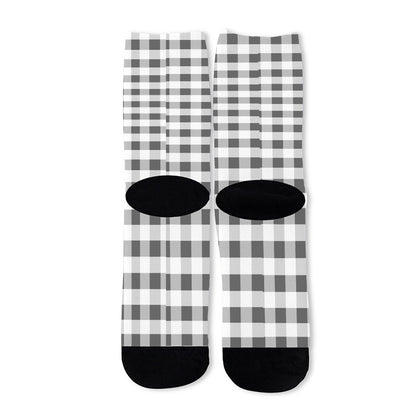 Dark Grey And White Gingham Print Long Socks