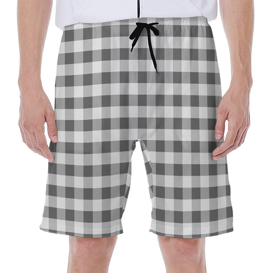 Dark Grey And White Gingham Print Men's Beach Shorts