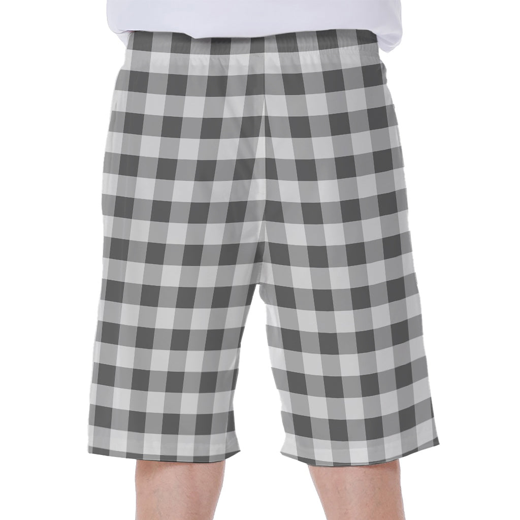 Dark Grey And White Gingham Print Men's Beach Shorts