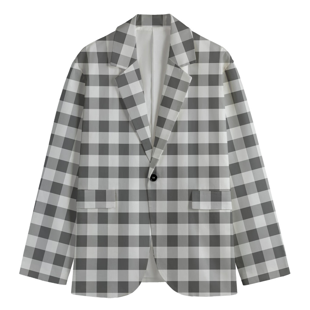 Dark Grey And White Gingham Print Men's Cotton Blazer