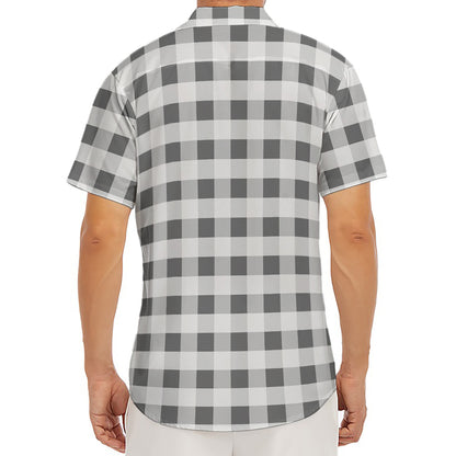 Dark Grey And White Gingham Print Men's Deep V-Neck Shirt