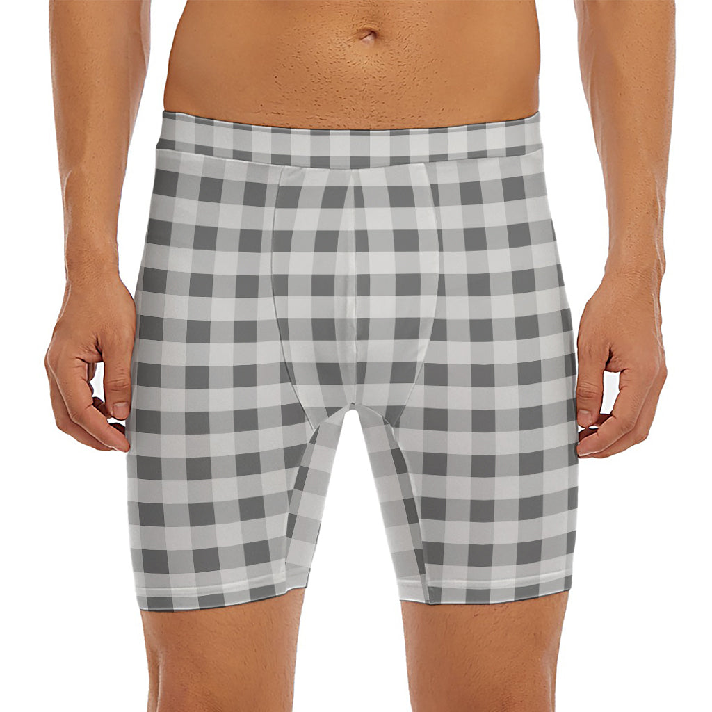 Dark Grey And White Gingham Print Men's Long Boxer Briefs