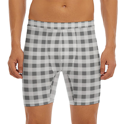 Dark Grey And White Gingham Print Men's Long Boxer Briefs