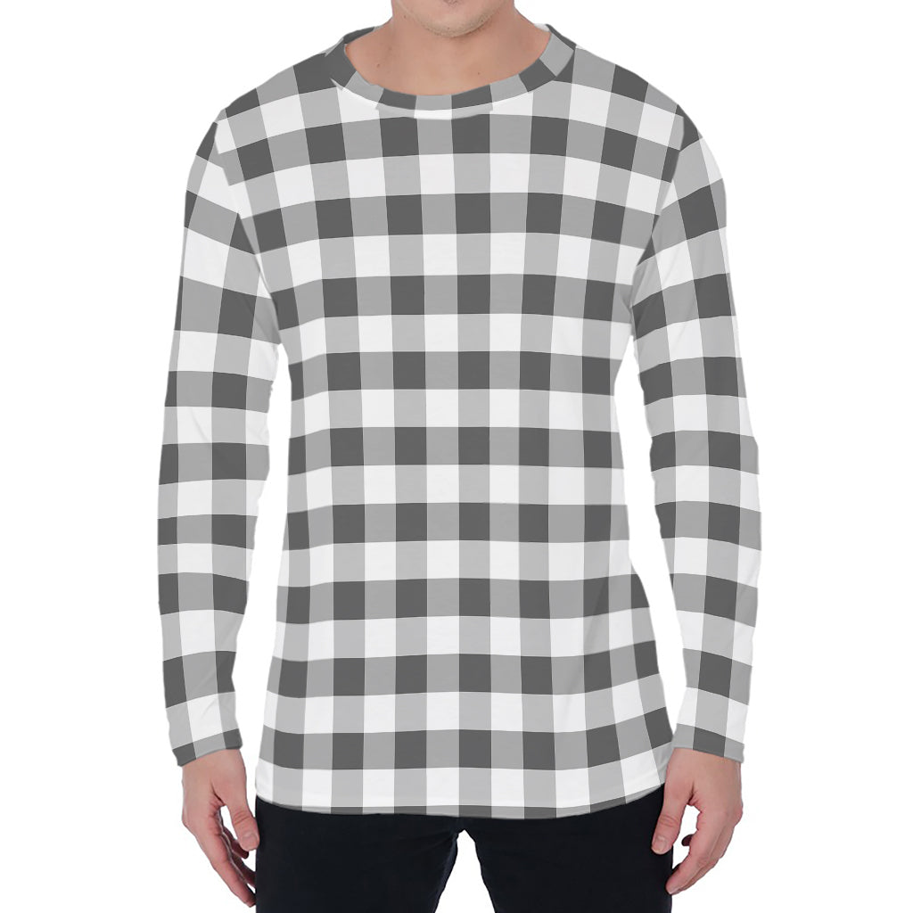 Dark Grey And White Gingham Print Men's Long Sleeve T-Shirt