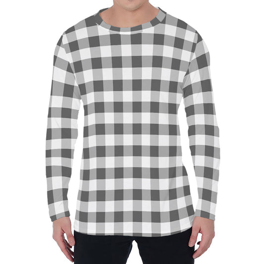 Dark Grey And White Gingham Print Men's Long Sleeve T-Shirt
