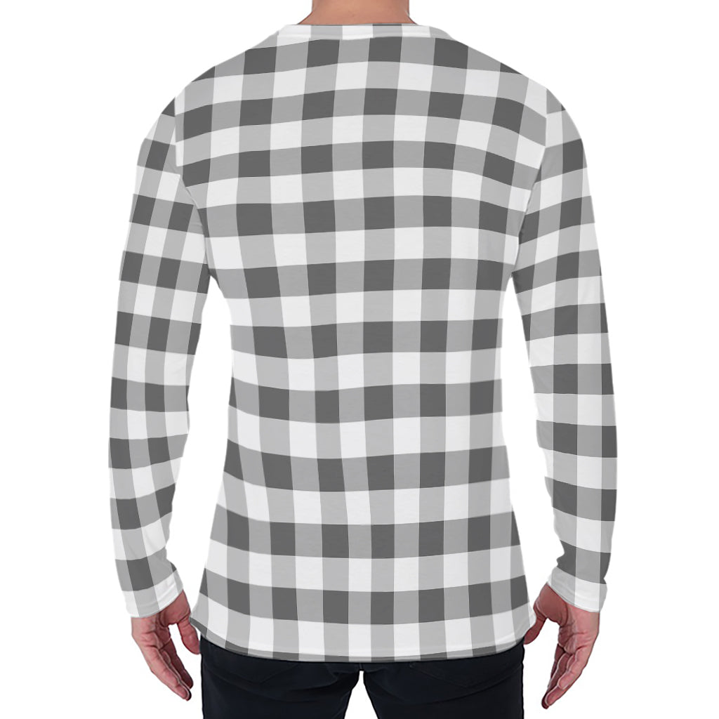 Dark Grey And White Gingham Print Men's Long Sleeve T-Shirt