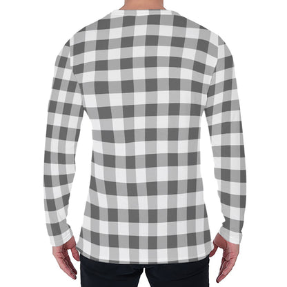 Dark Grey And White Gingham Print Men's Long Sleeve T-Shirt