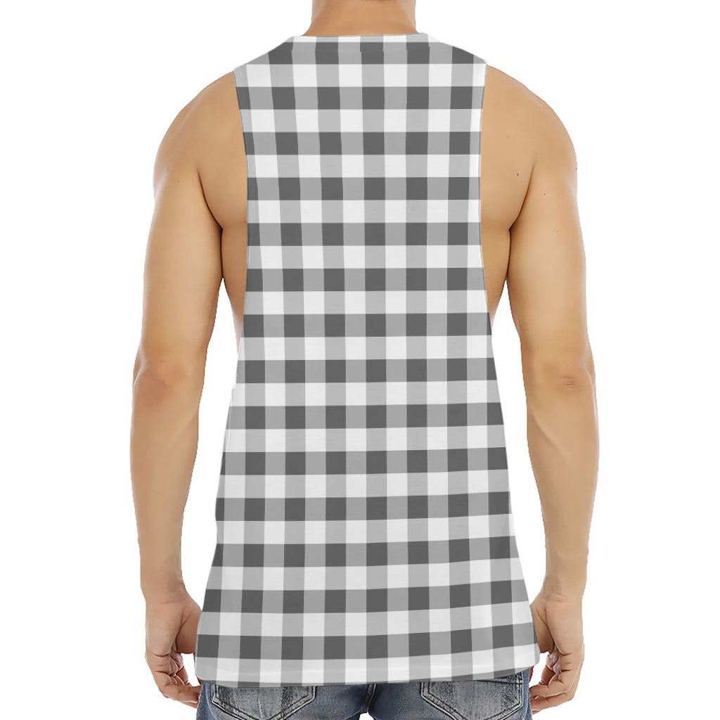 Dark Grey And White Gingham Print Men's Muscle Tank Top