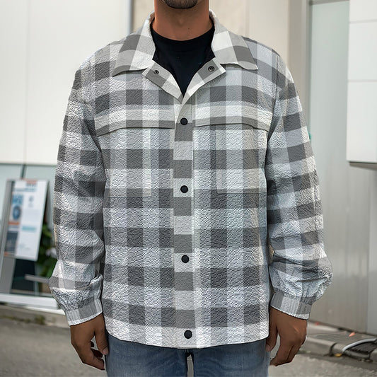 Dark Grey And White Gingham Print Men's Shirt Jacket