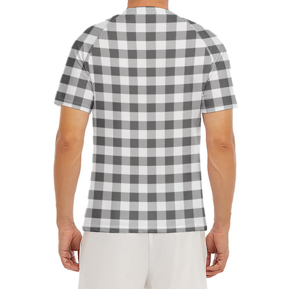 Dark Grey And White Gingham Print Men's Short Sleeve Rash Guard