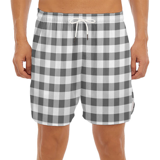Dark Grey And White Gingham Print Men's Split Running Shorts