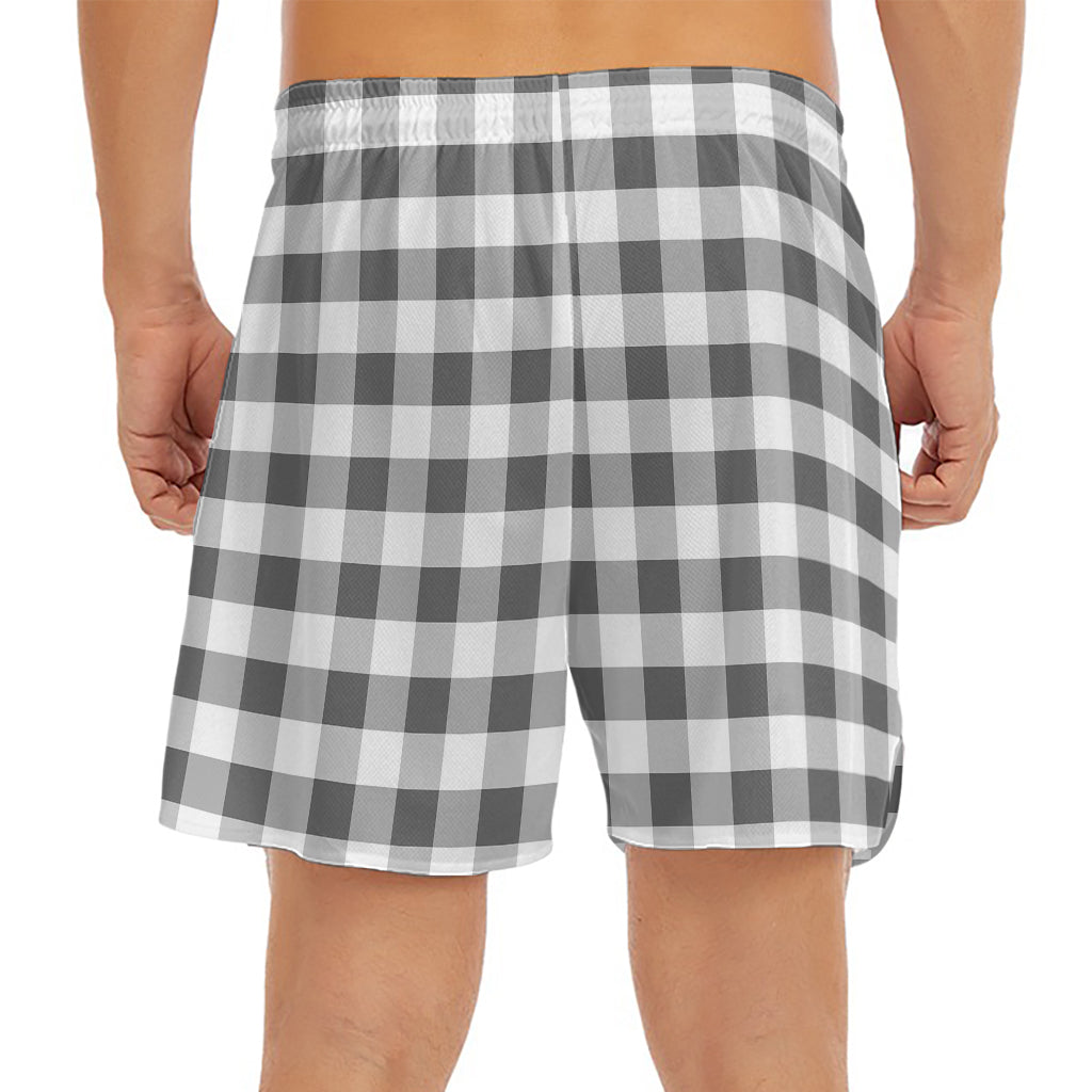 Dark Grey And White Gingham Print Men's Split Running Shorts