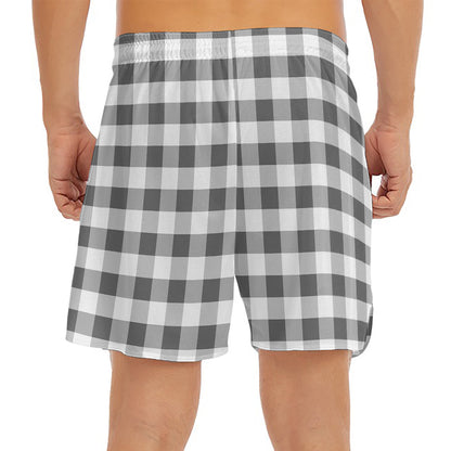 Dark Grey And White Gingham Print Men's Split Running Shorts