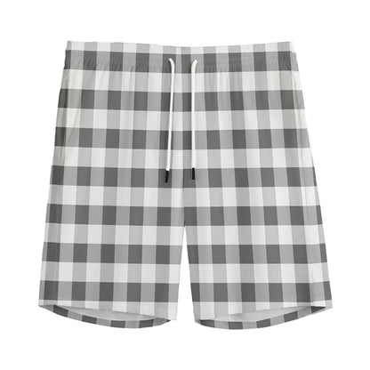 Dark Grey And White Gingham Print Men's Sports Shorts