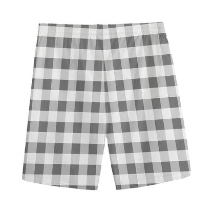 Dark Grey And White Gingham Print Men's Sports Shorts