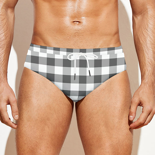 Dark Grey And White Gingham Print Men's Swim Briefs