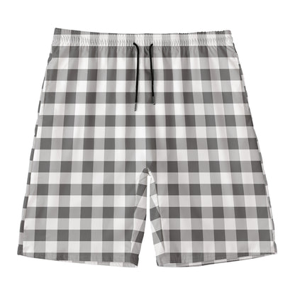 Dark Grey And White Gingham Print Men's Swim Trunks