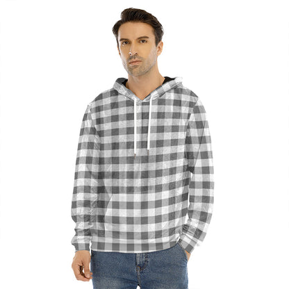 Dark Grey And White Gingham Print Men's Velvet Pullover Hoodie