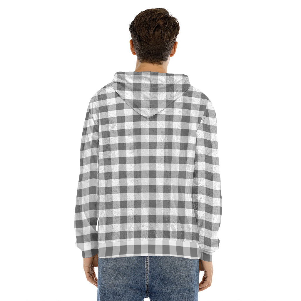 Dark Grey And White Gingham Print Men's Velvet Pullover Hoodie