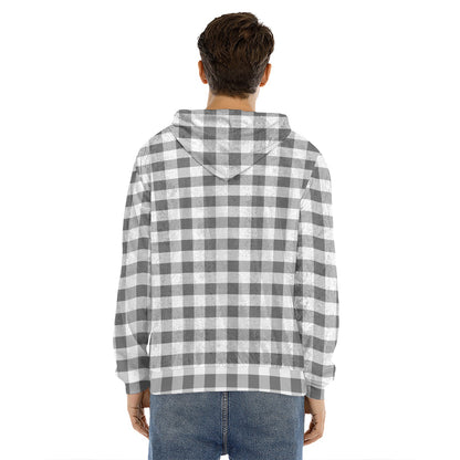 Dark Grey And White Gingham Print Men's Velvet Pullover Hoodie