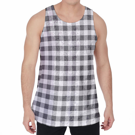 Dark Grey And White Gingham Print Men's Velvet Tank Top