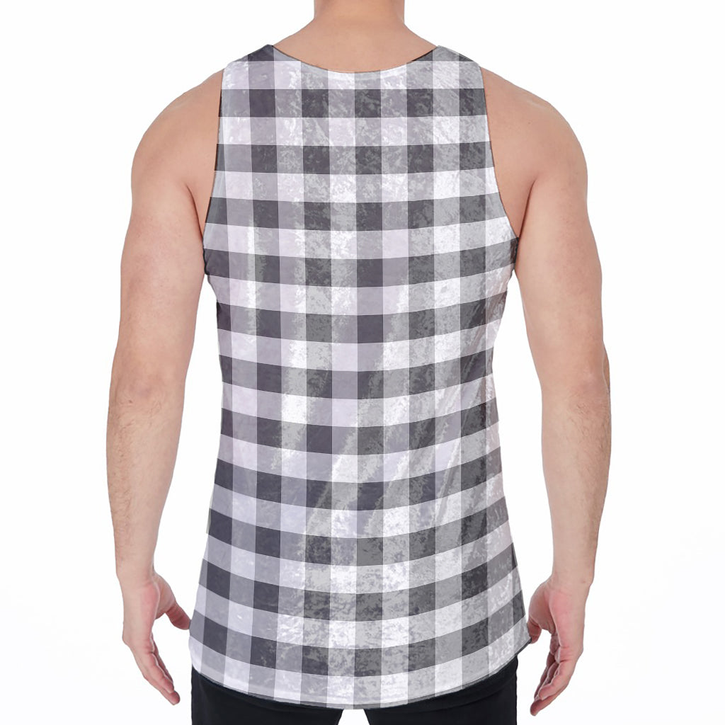 Dark Grey And White Gingham Print Men's Velvet Tank Top
