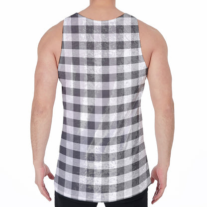 Dark Grey And White Gingham Print Men's Velvet Tank Top