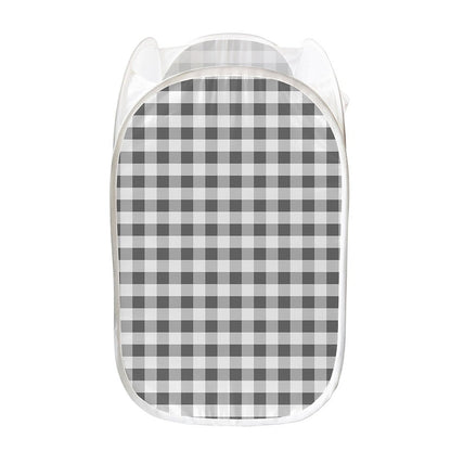 Dark Grey And White Gingham Print Mesh Laundry Hamper