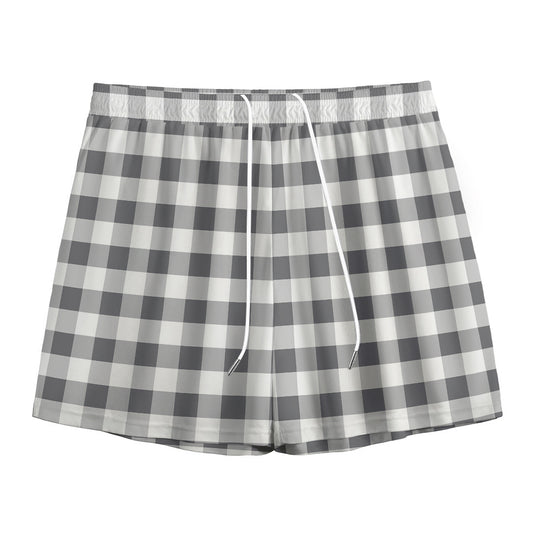 Dark Grey And White Gingham Print Mesh Shorts