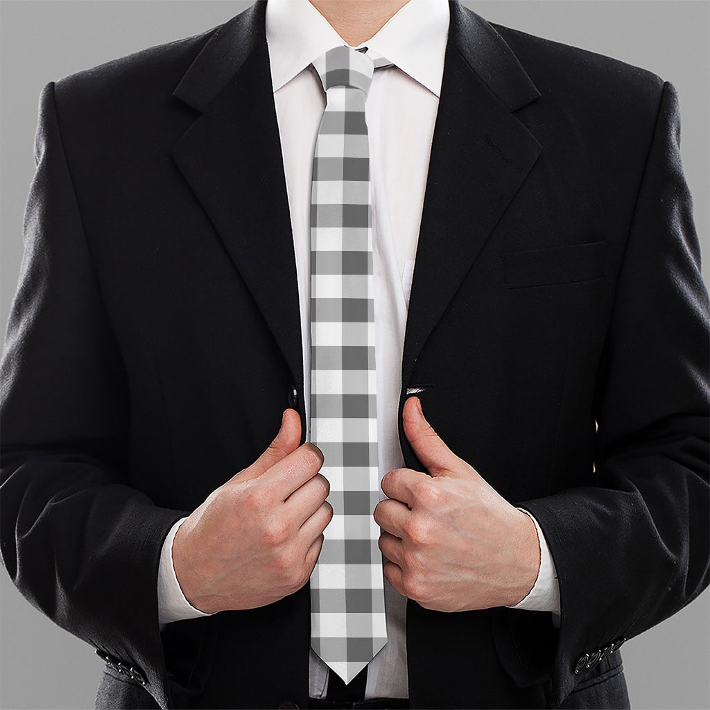 Dark Grey And White Gingham Print Necktie