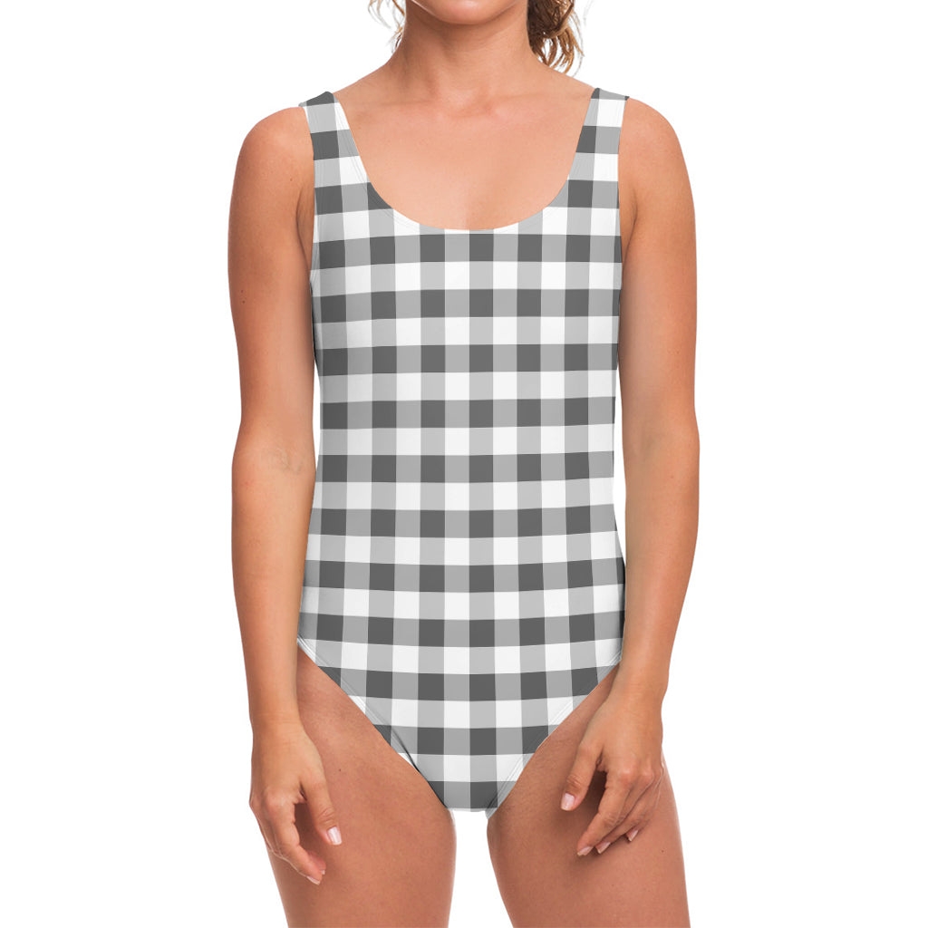 Dark Grey And White Gingham Print One Piece Swimsuit
