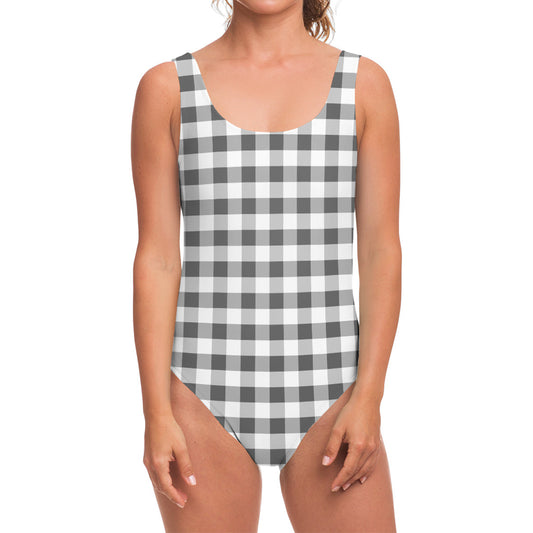 Dark Grey And White Gingham Print One Piece Swimsuit