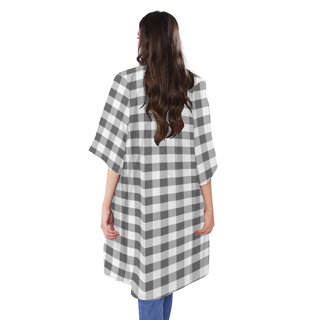 Dark Grey And White Gingham Print Open Front Beach Cover Up