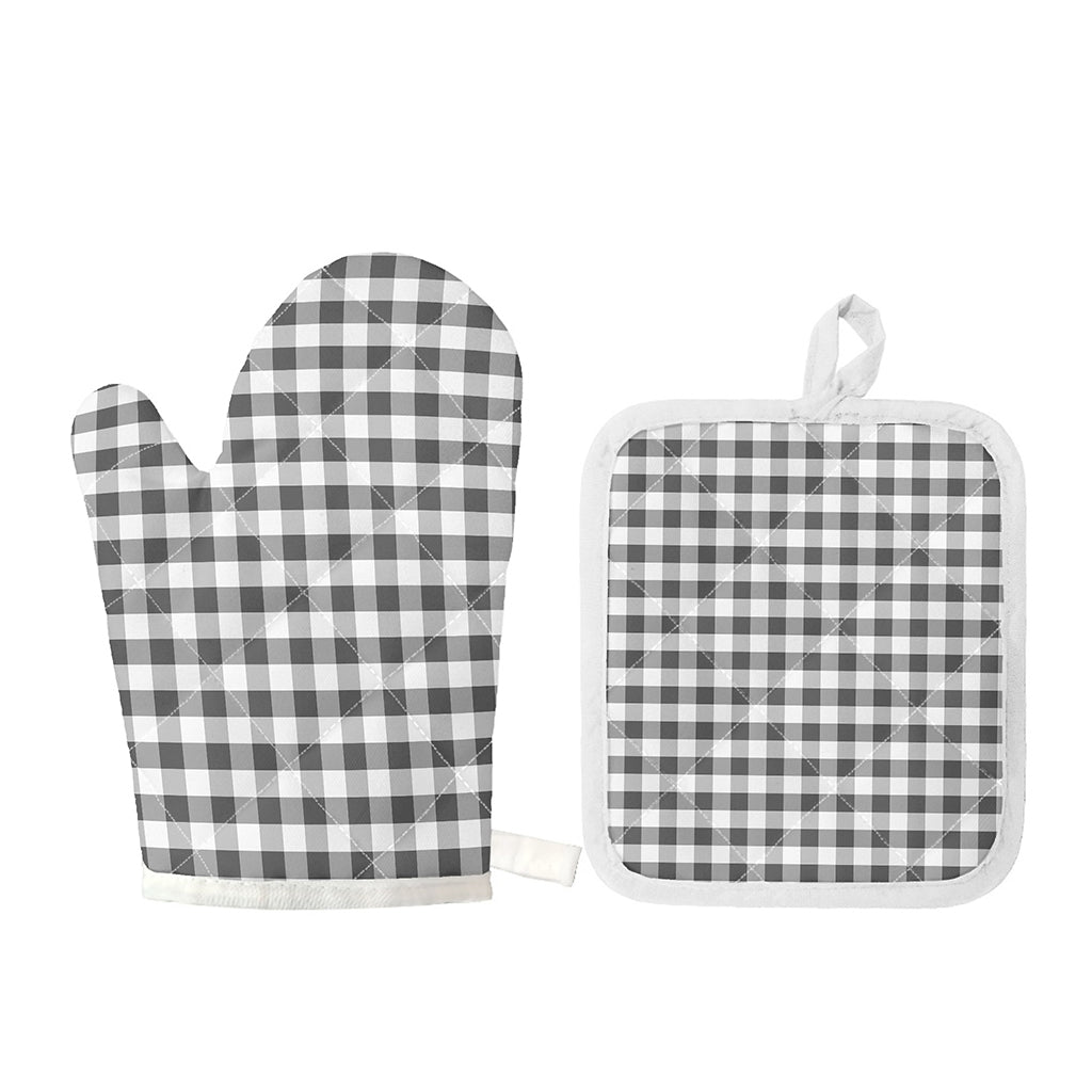 Dark Grey And White Gingham Print Oven Mitt And Pot Holder Set