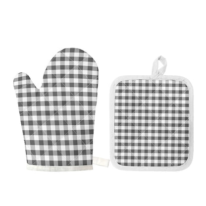 Dark Grey And White Gingham Print Oven Mitt And Pot Holder Set