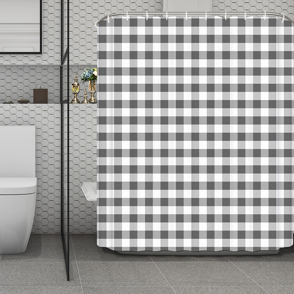 Dark Grey And White Gingham Print Polyester Shower Curtain