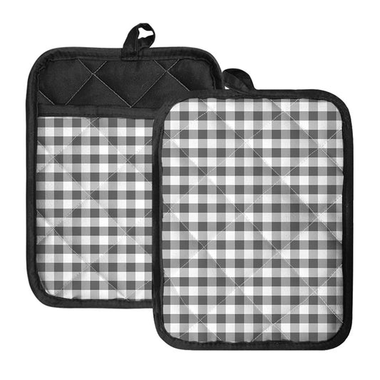 Dark Grey And White Gingham Print Pot Holders With Pocket
