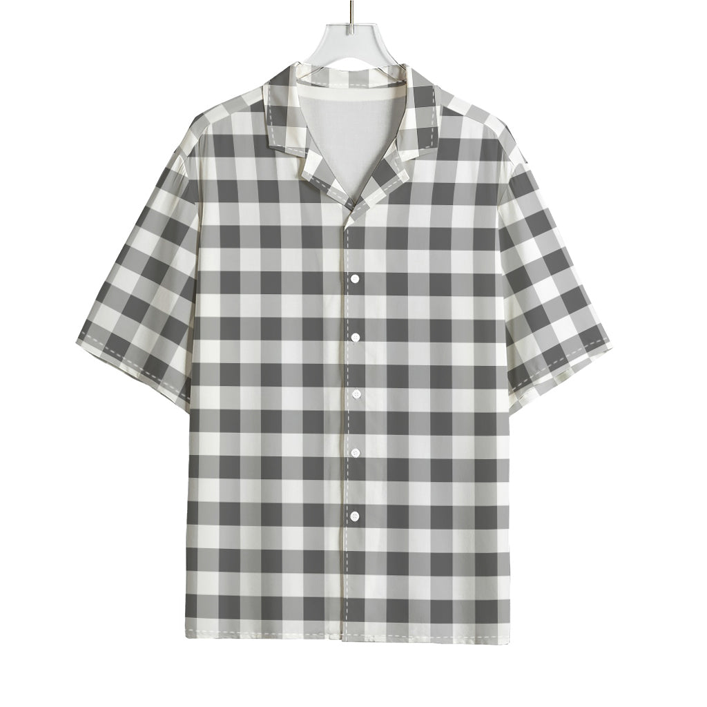 Dark Grey And White Gingham Print Rayon Hawaiian Shirt