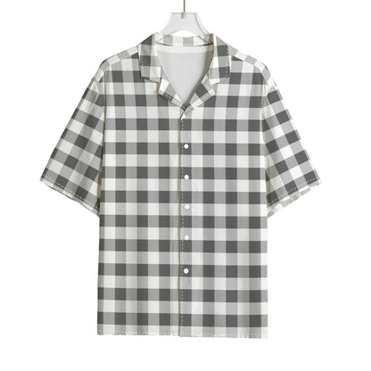 Dark Grey And White Gingham Print Rayon Hawaiian Shirt