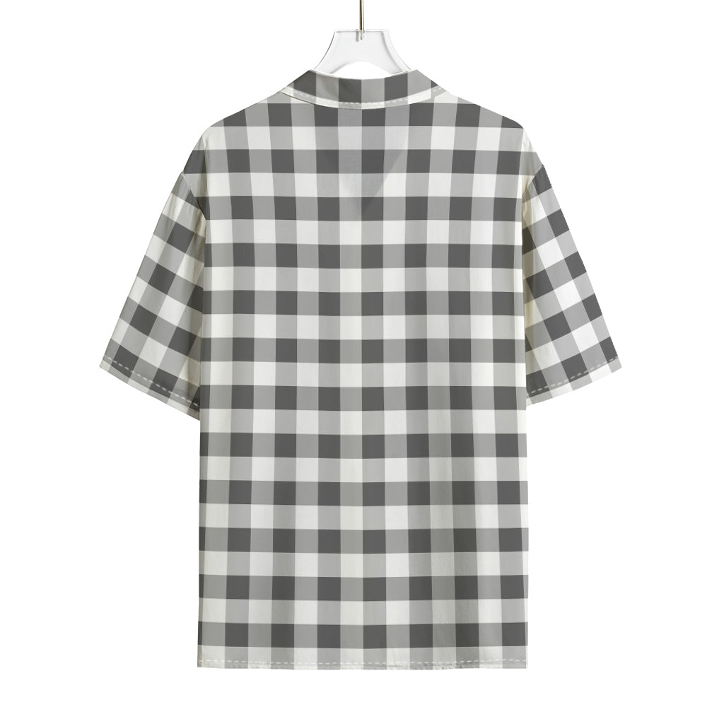 Dark Grey And White Gingham Print Rayon Hawaiian Shirt
